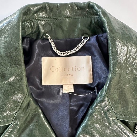 J.Crew Collection Green Crackled Leather Cropped Moto Jacket Womens Size 2 - Picture 7 of 9